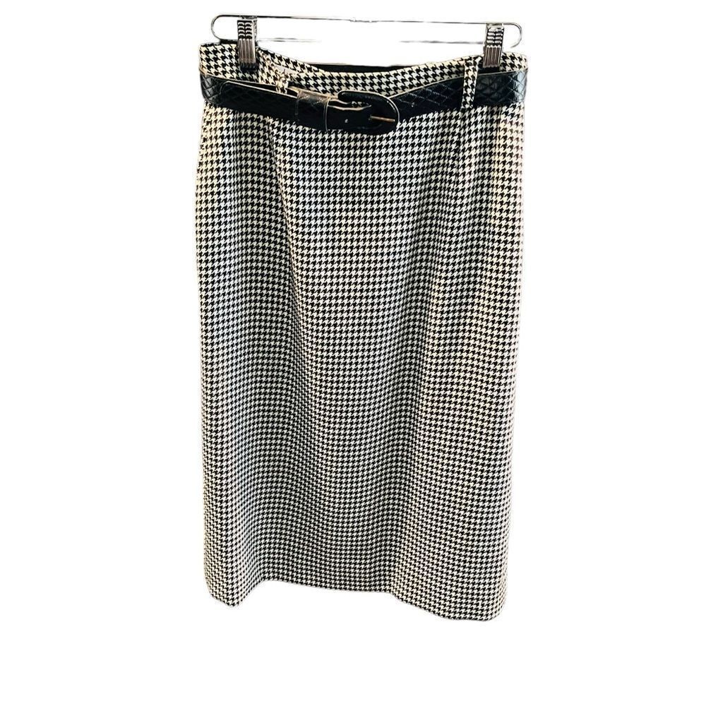 SALE…Vintage Black & White Houndstooth Wool Midi Skirt by JH Collectibles size 8